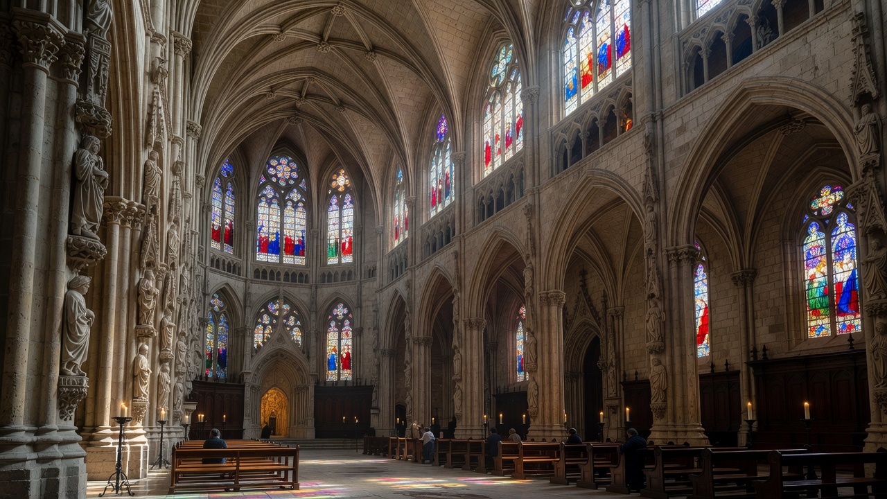 Interior de la Catedral de Burgos con luz filtrada por vidrieras